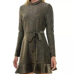Speechless Juniors Gold Metallic Ruffled Unlined Pullover A-Line Dress Size L
